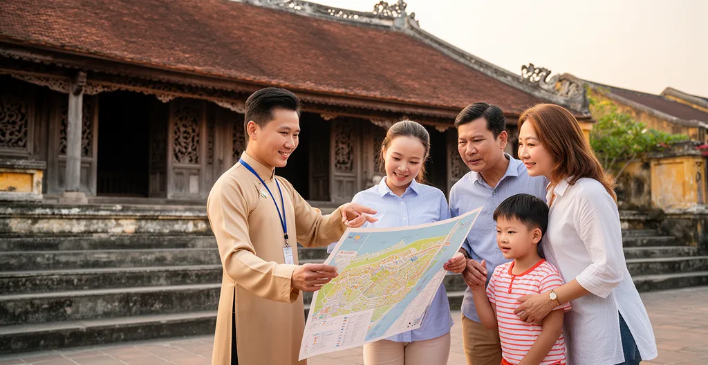 Guide vietnamien montrant carte à famille devant temple ancien à Hoi An