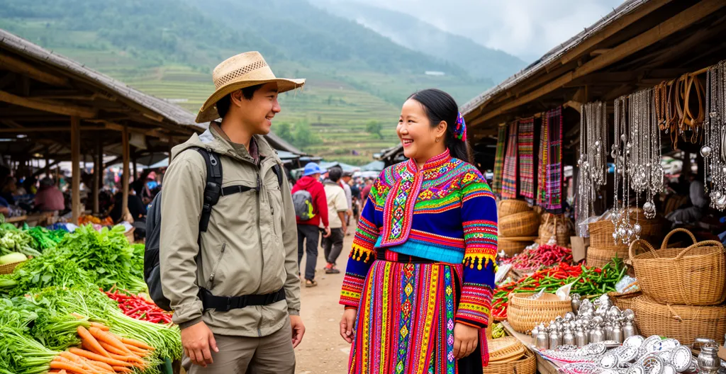 Voyageur échangeant avec femme Hmong en costume traditionnel au marché