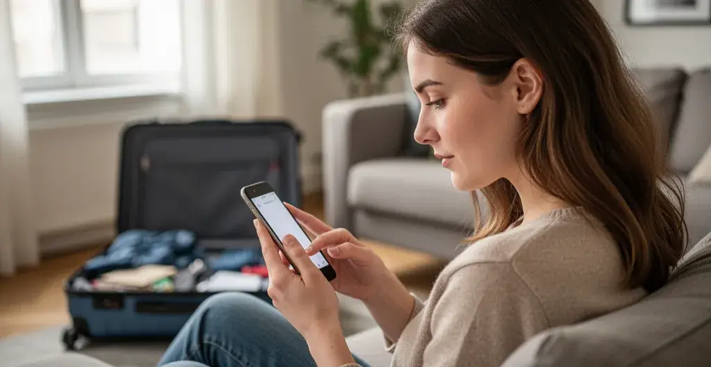 Femme préparant son voyage sur smartphone avec valise en arrière-plan