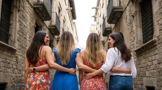 Groupe d'amies marchant bras dessus bras dessous dans le quartier gothique de Barcelone pour un EVJF