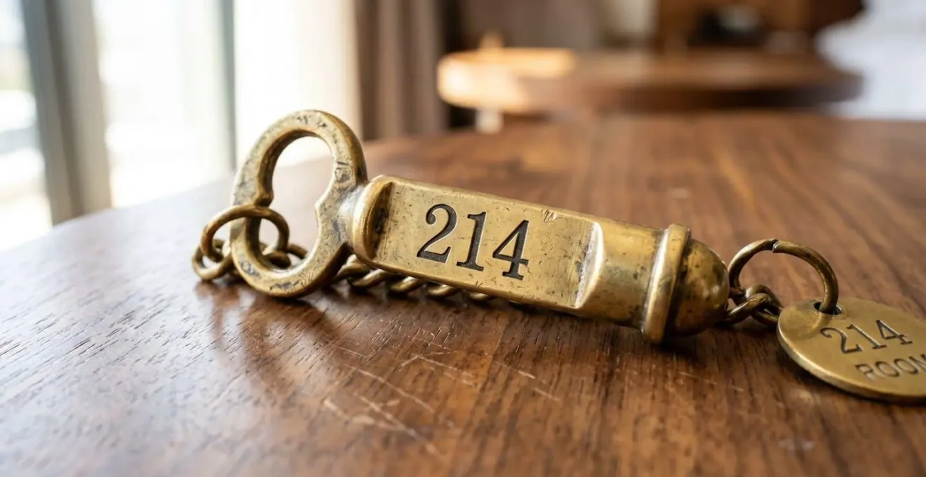 Gros plan macro sur une clé d'hôtel ancienne en laiton avec numéro gravé, posée sur une surface en bois noble