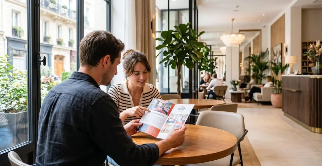 Un couple vu de dos consulte une brochure touristique ensemble dans le hall lumineux d'un hôtel parisien