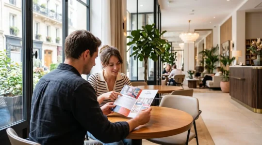 Un couple vu de dos consulte une brochure touristique ensemble dans le hall lumineux d'un hôtel parisien