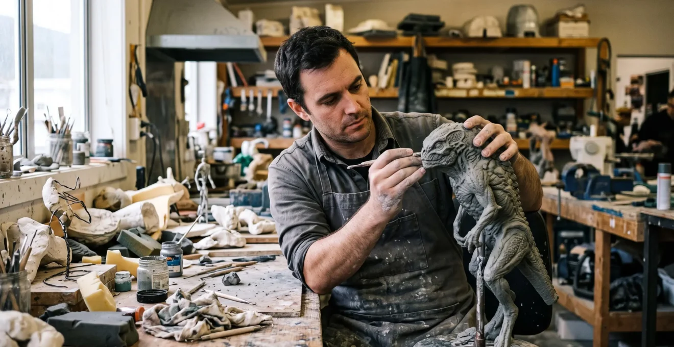 Un artisan sculpte à l'outil la surface d'une maquette de créature fantastique sur un établi d'atelier d'effets spéciaux.