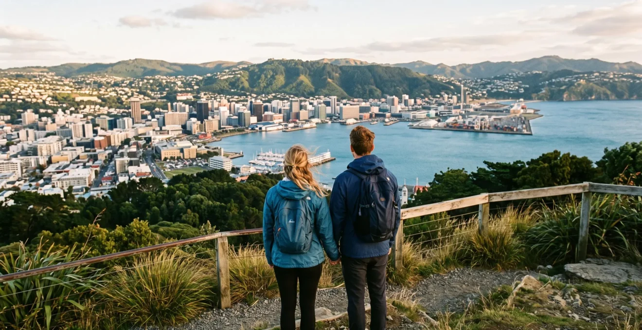 Deux randonneurs contemplent depuis le belvédère du Mount Victoria la baie et les toits de Wellington sous une lumière dorée.