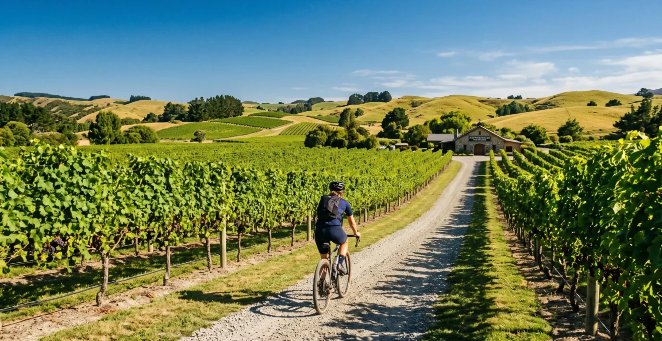 Un cycliste pédale sur un chemin de gravier entre les rangées de vignes d'un domaine viticole de Martinborough ensoleillé.